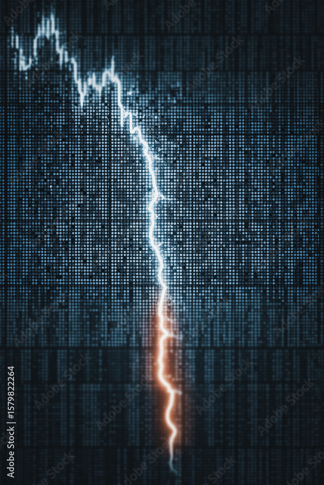 Poster lightning strike on data stream: a dramatic digital art depicting a powerful lightning bolt striking