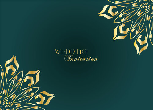 Elegant Gold Mandala Wedding Invitation Template on Dark Green Background