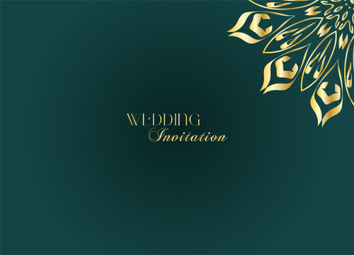 Elegant Gold Mandala Wedding Invitation Template on Dark Green Background