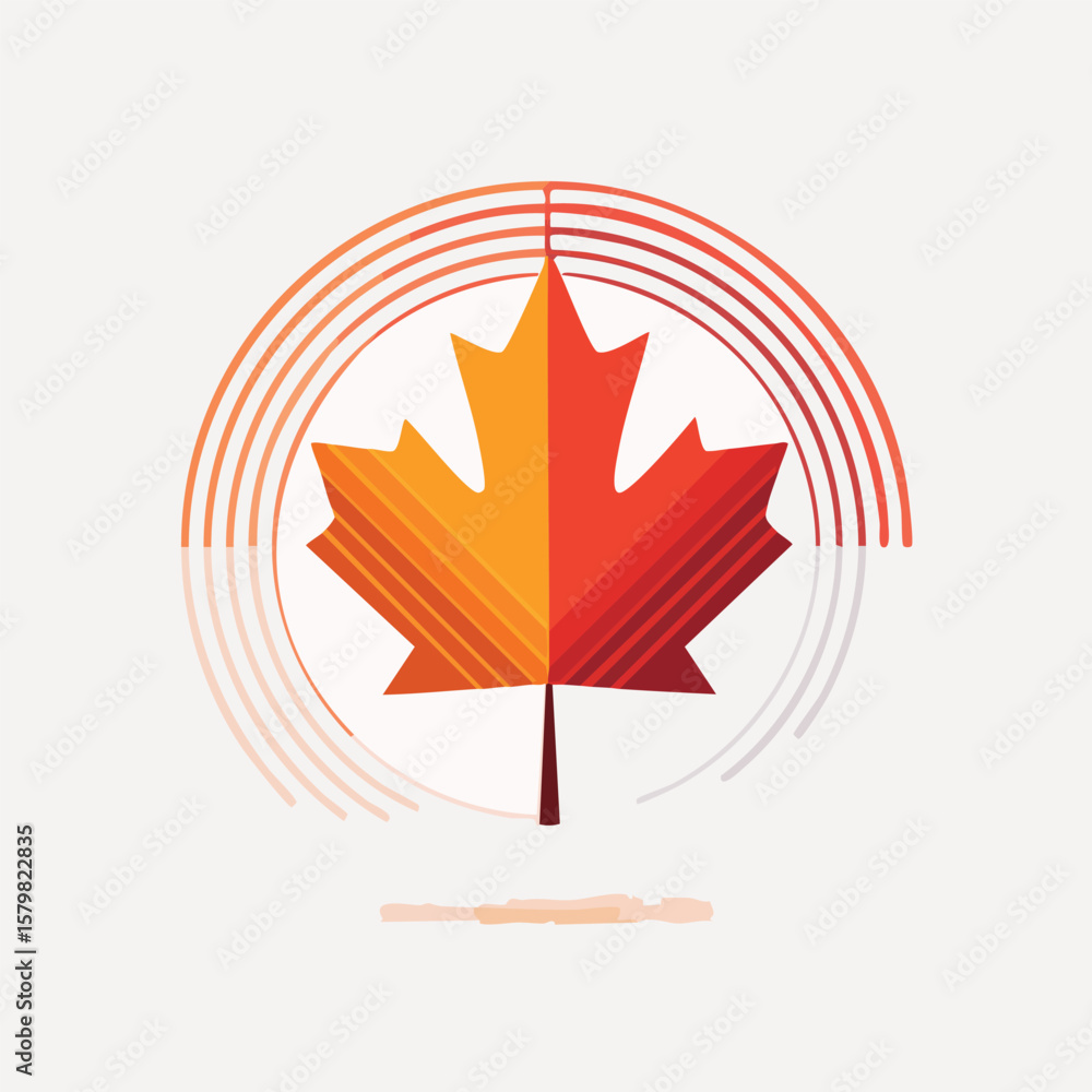 Poster stylized illustration of a maple leaf with a gradient color scheme and concentric circle design elem