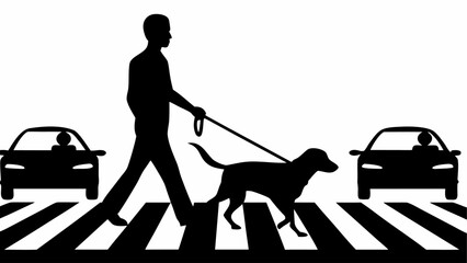 A pedestrian with a dog crossing a zebra crossing with two cars approaching on a white background view silhouette