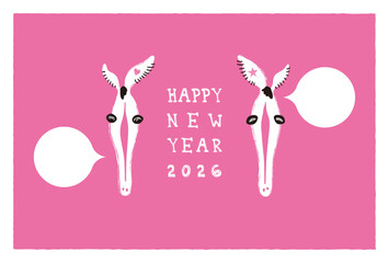 長ーい顔の馬の年賀はがき2026 ベクター〜ピンク〜