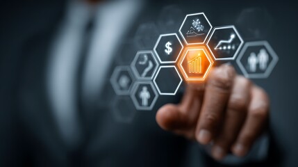 Businessman s finger touching glowing financial growth chart icon on digital interface