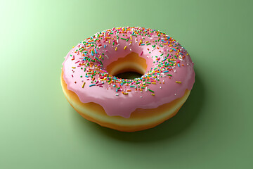A vibrant pink frosted donut with colorful sprinkles on a smooth green background, ideal for dessert promotion