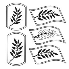 Organic product label shapes with olive branches leaves olives