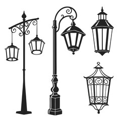 Ornate street lamps and lanterns silhouettes street light lamp post