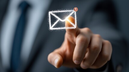 Businessman s finger touching a glowing digital envelope with an alert notification