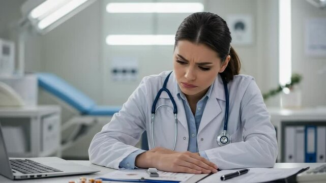 Concerned female doctor looking at medical records in her office. Stressed young physician analyzing a patient's chart. Healthcare professional facing a difficult diagnosis.