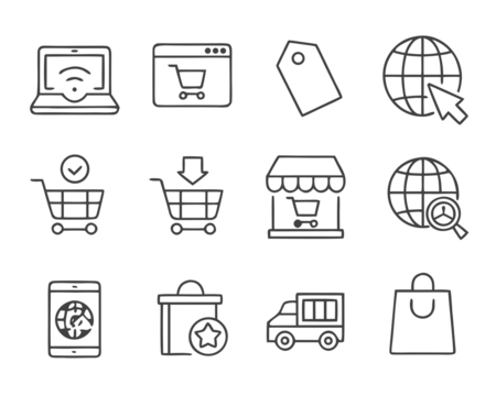 Modern vector illustration depicting various elements of online shopping and e-commerce interactions for a digital experience
