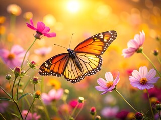 Fototapeta premium Vibrant Monarch Butterfly Gracing a Pink Cosmos Flower in a Golden Meadow