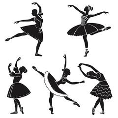 Six black ballet dancers in graceful poses silhouettes white © Akshay