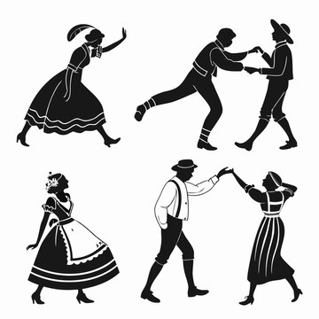 Six couples dancing traditional folk costumes black silhouettes folk dance traditional costumes