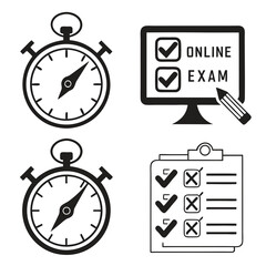 Stopwatch and online exam checklist icons timer computer screen