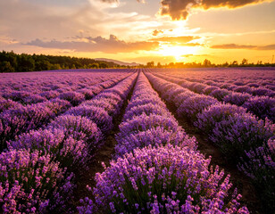 Fototapeta premium Purple lavender fields in Provence bloom beautifully under the summer sunset sky