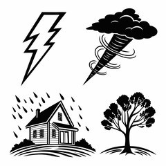 Weather hazard icons lightning tornado rain storm tree lightning bolt house