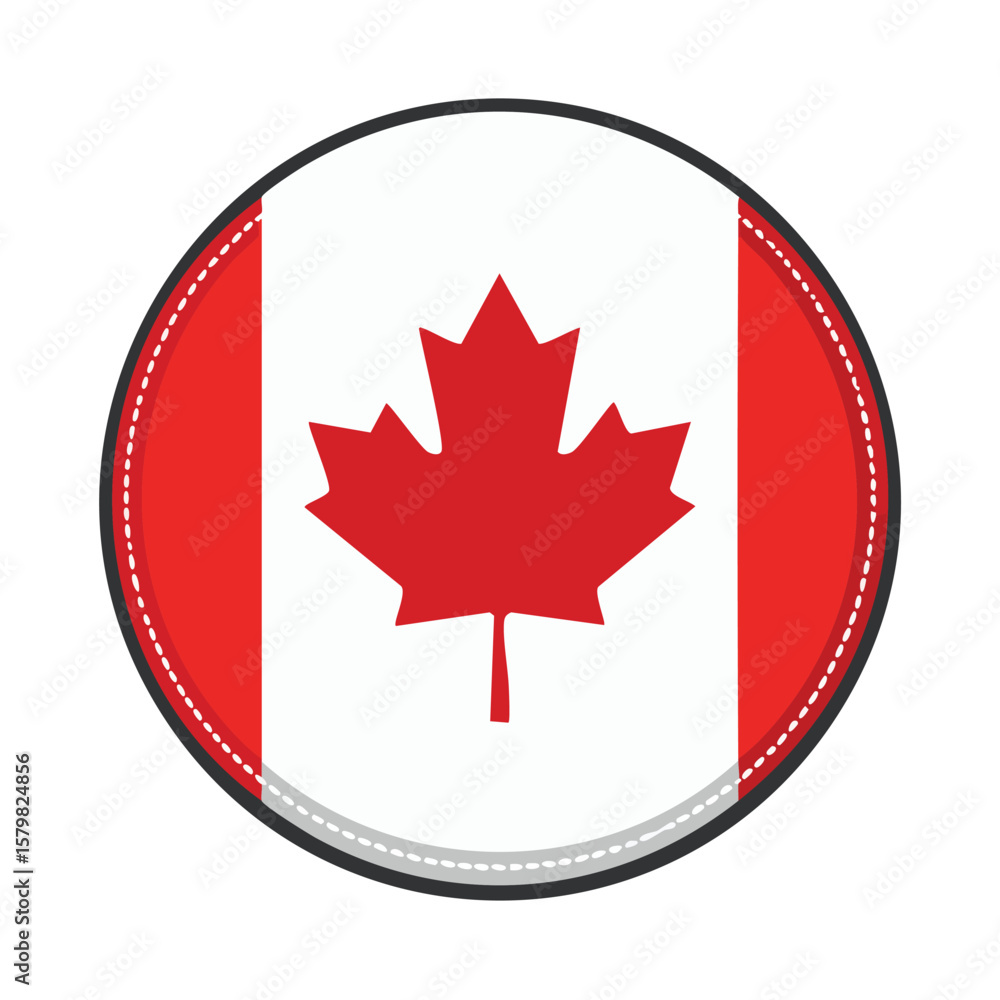 Poster circular canadian flag design featuring a red maple leaf on a white background with red vertical bar
