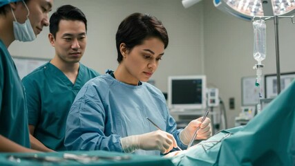 Female surgeon performing surgery in operating room. Medical team of diverse doctors working together in a hospital. Healthcare professionals during a medical procedure. - Powered by Adobe
