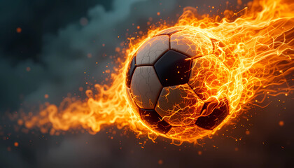 A soccer ball engulfed in flames against a dark and smoky background with sparks flying around it