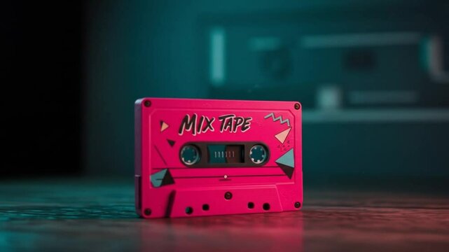 A close up shot of a pink mixtape cassette tape with a dark blue background and neon lighting