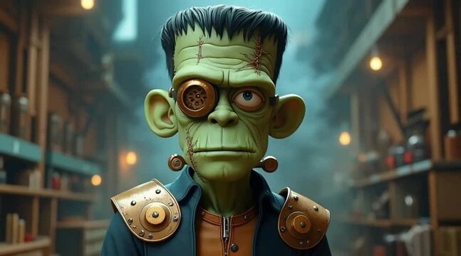 Frankenstein cartoon in steampunk clothes