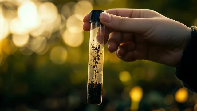 A hand holds a test tube with a small plant