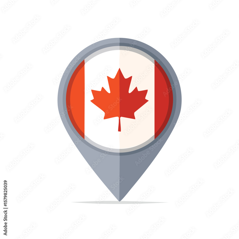 Poster canada flag depicted inside a map pin pointer icon with a gray border, isolated on white.