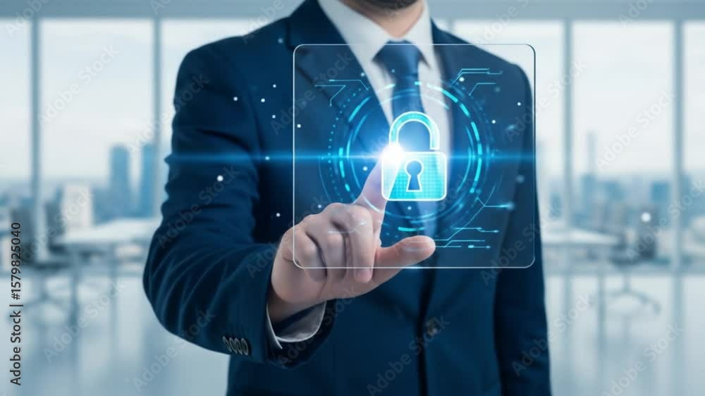 Poster a man in a suit pointing at a digital padlock interface in an office with large windows behind him
