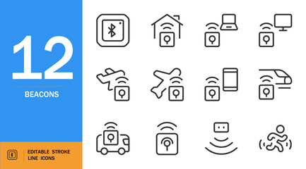 BEACONS icon set. Minimal line art vector icons for mobile apps. Includes location, home, tracking, group, device, Apple-style UI, and more. Editable stroke.