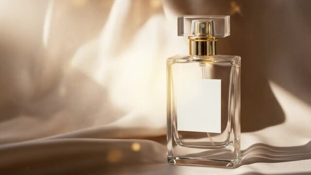 Perfume bottle on beige fabric blank label