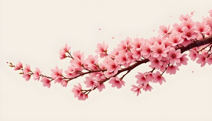 A branch laden with delicate pink cherry blossoms against a soft white background in spring season