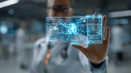 Doctor analyzes holographic brain scan with futuristic medical data interface