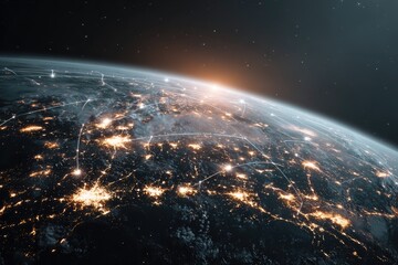 Obraz premium Earth at night, glowing cities, network of lines