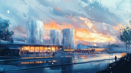 Fototapeta premium Large industrial building with illuminated windows at sunset