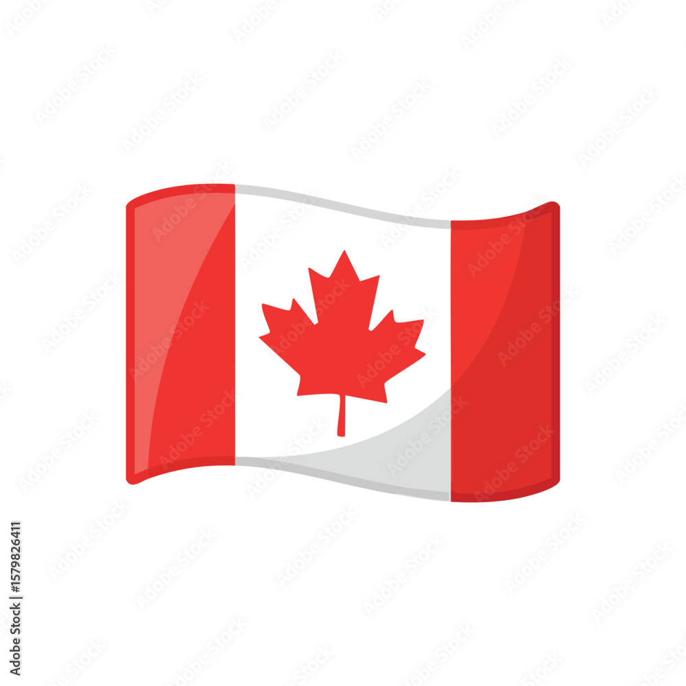 Poster the canadian flag waving, featuring a red maple leaf on a white background between two red vertical 