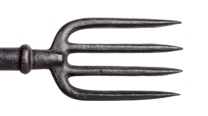 Iron pitchfork isolated on transparent background with four sharp prongs