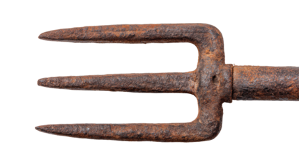 Rusty old garden fork isolated on transparent background with sharp metal prongs