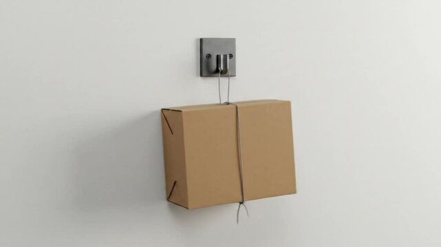 A cardboard box suspended from a metal wall mount against a plain white wall in a minimalist setting