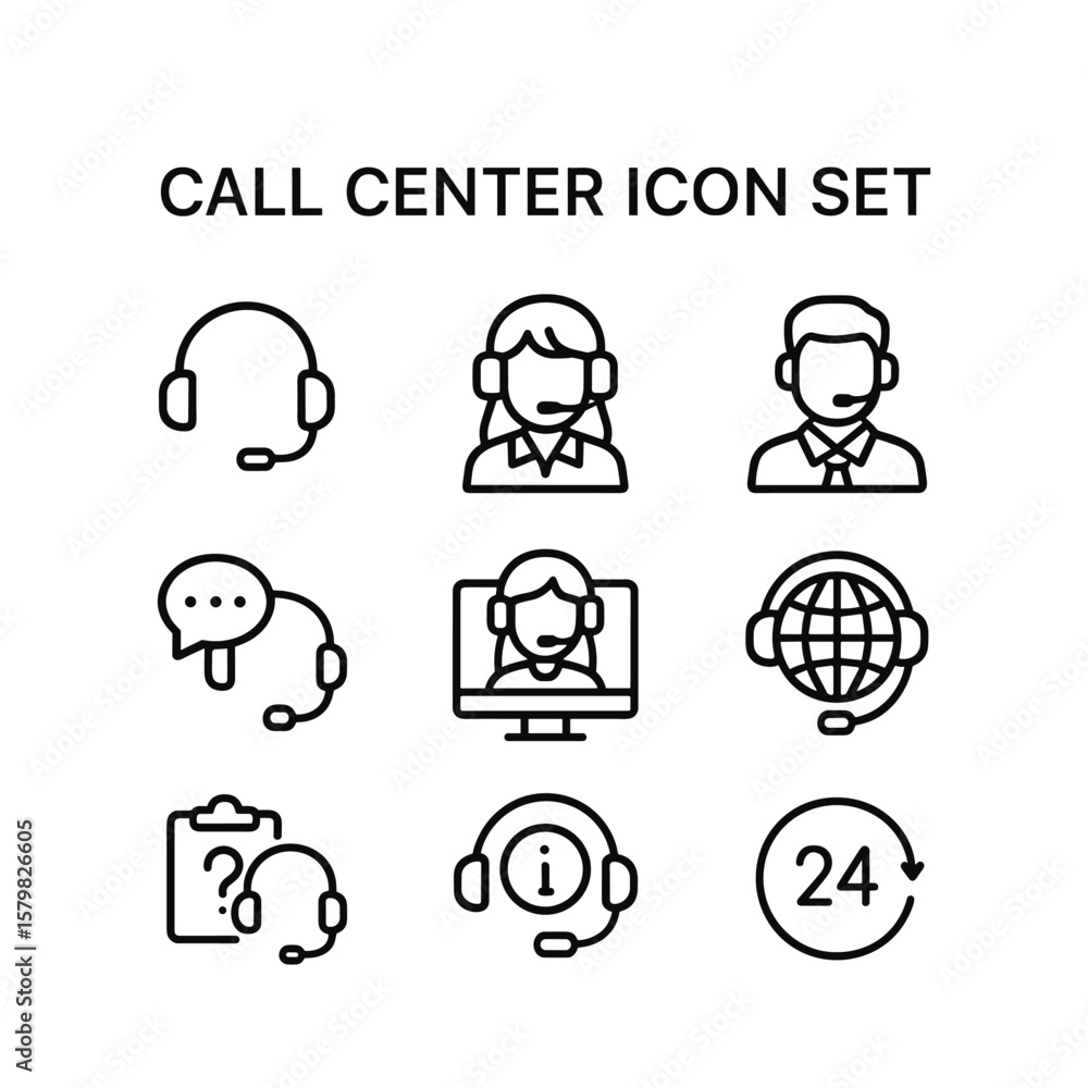 Poster helpdesk operator service icons. outline symbols. line design