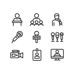 Journalism interview presentation icons. Outline symbols. Line design