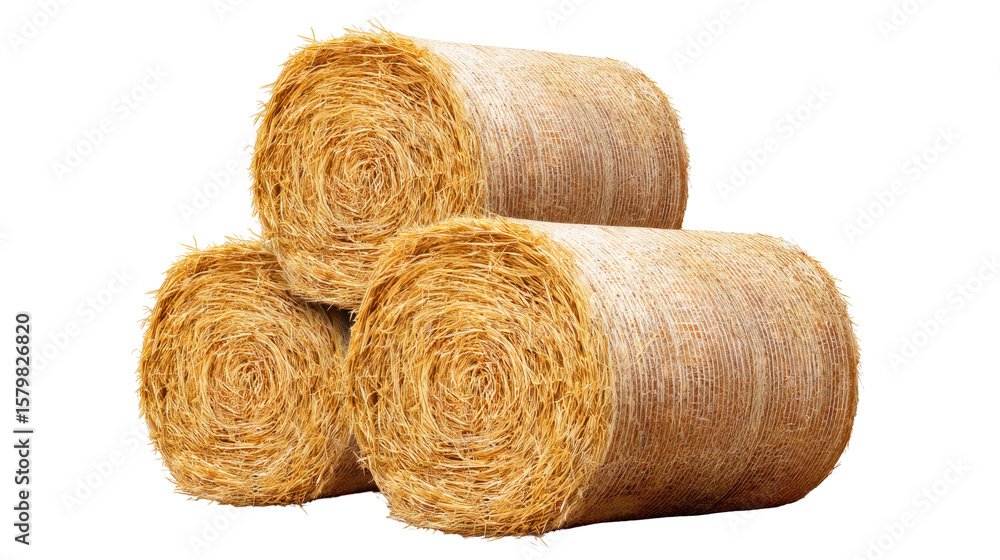 Poster stack of isolated hay bales on transparent background with natural golden color and texture