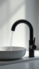 Modern faucet with running water in a clean bathroom sink
