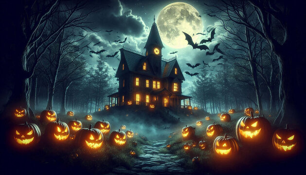 halloween background with haunted house - Powered by Adobe