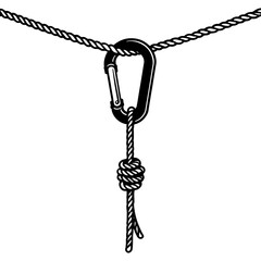 Sketchy emblem of movable attachment for safety rope and climbing carabiner. Engraving minimalistic vector in black ink drawing on transparent background