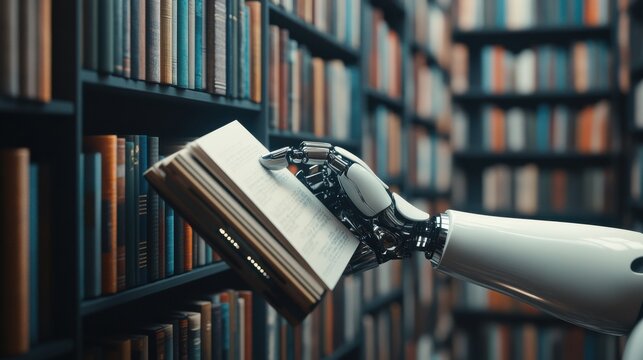 Robotic hand selecting a book in a futuristic library