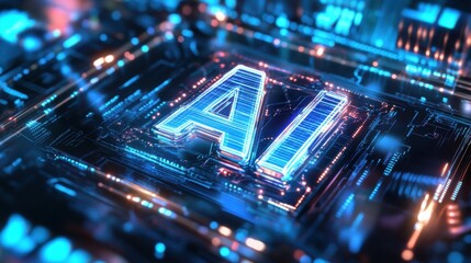 Obraz premium Glowing AI Text on Digital Circuit Board at Nighttime
