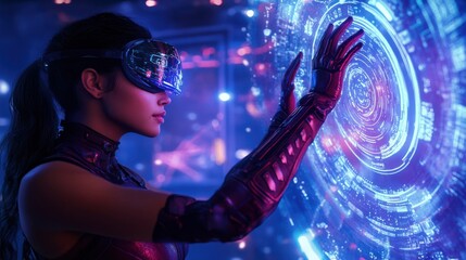 Young Asian woman interacting with holographic interface indoors