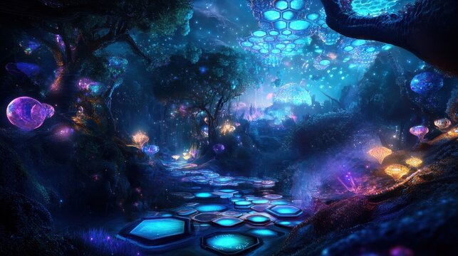 Glowing plants and mushrooms in mystical nighttime forest