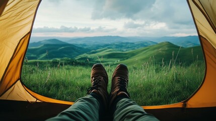 Relaxed man in boots enjoying serene mountainside setting
