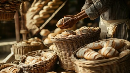 Adult man handling loaves of bread at farmer's market