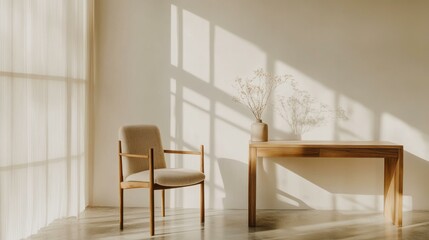 Minimalist indoor scene with wooden chair and dried flowers